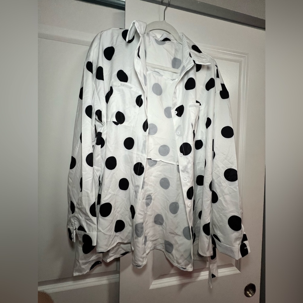 White button up blouse with black polka dots